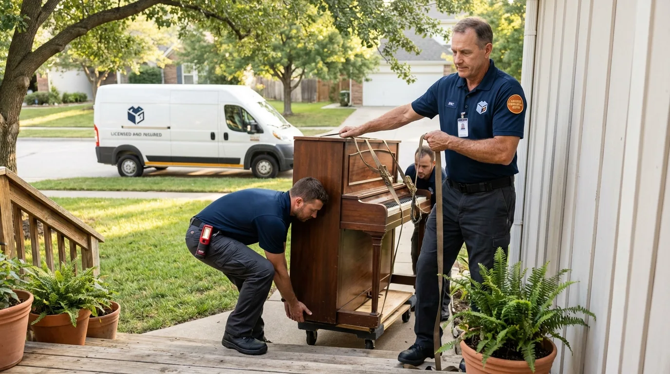 Licensed piano movers securing grand piano in East Norwich, NY