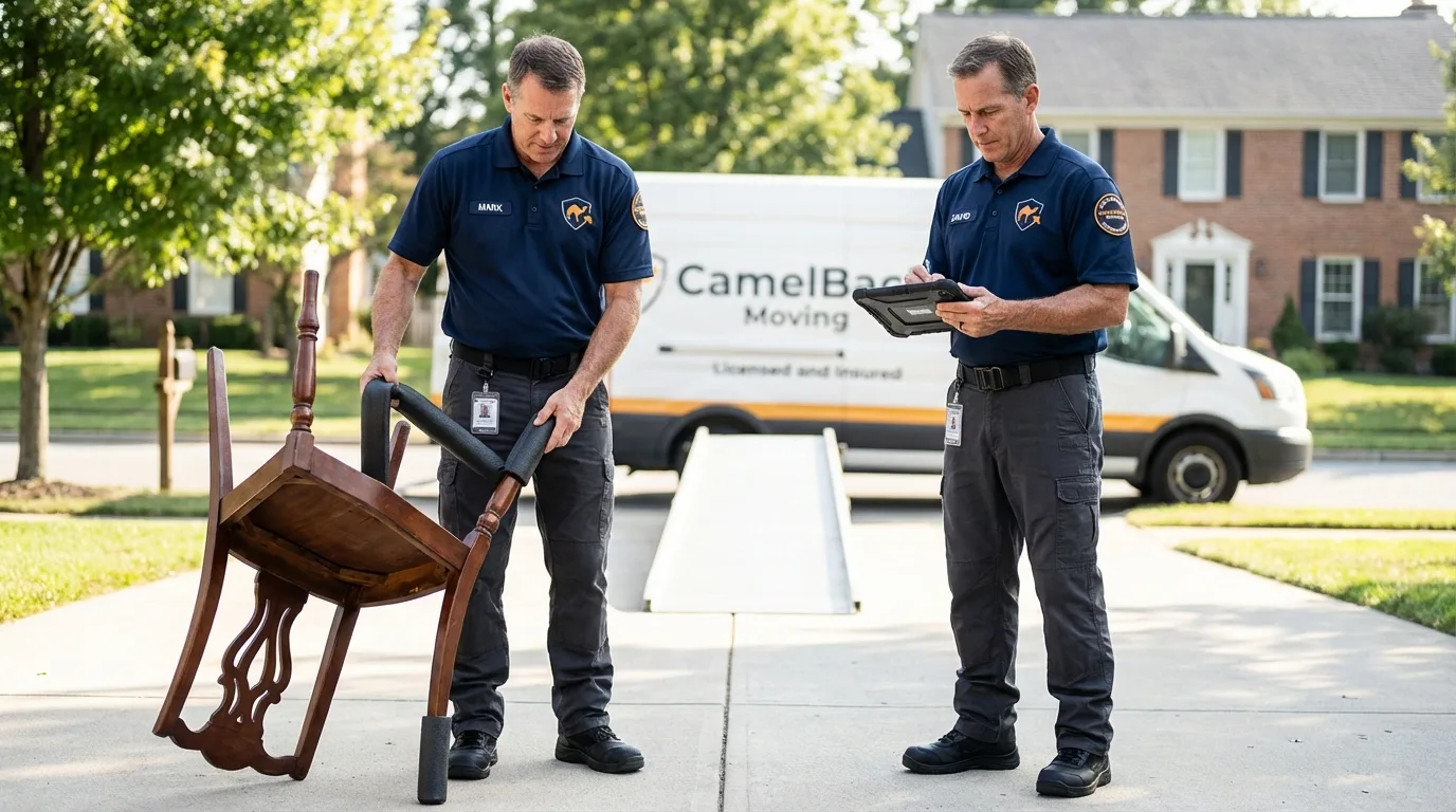 Movers inspecting furniture for damage prevention before loading in East Norwich, NY