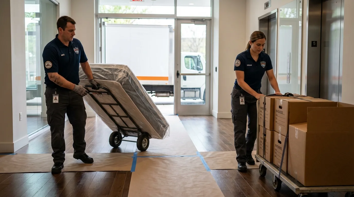 Professional apartment movers loading elevator in East Norwich, NY