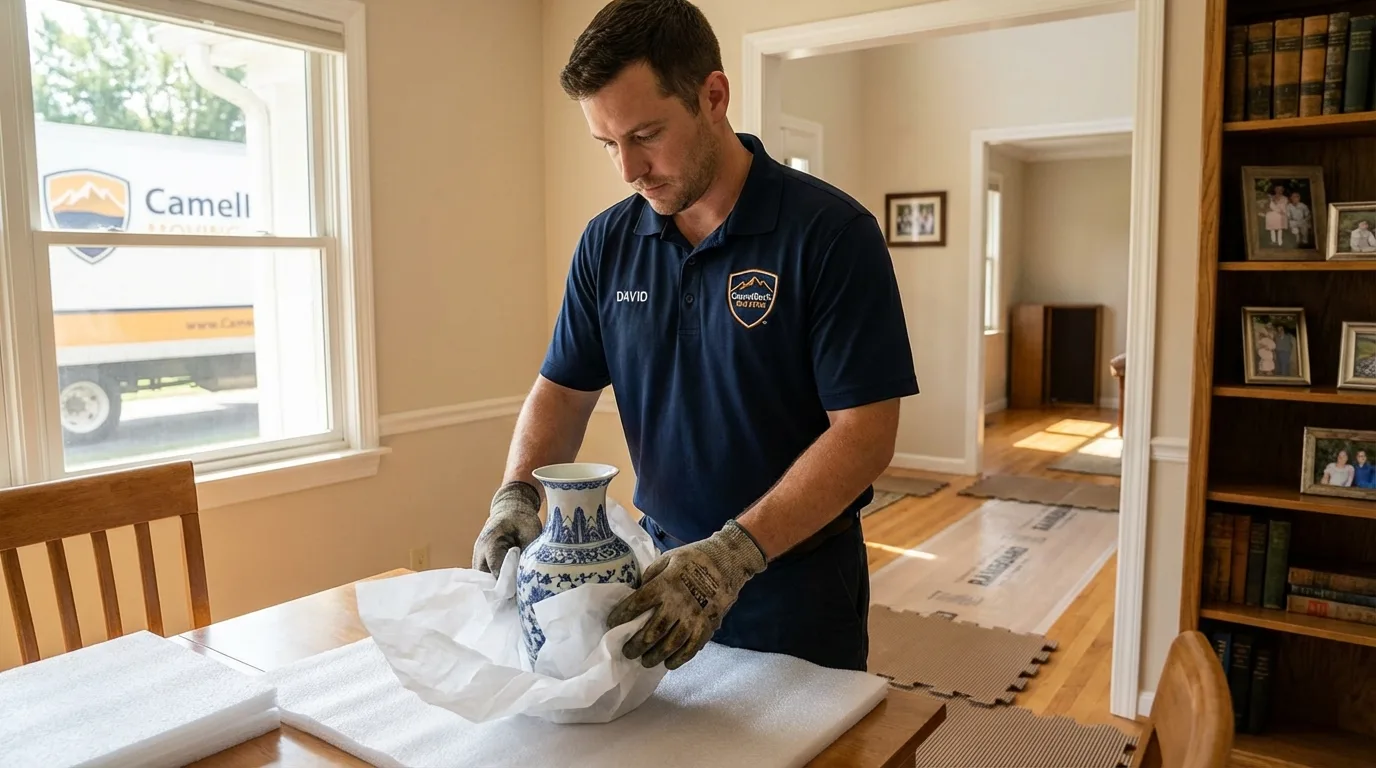 Professional crew carefully wrapping antique vase for senior downsizing move in East Norwich, NY