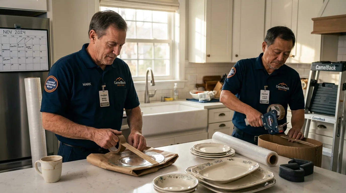 Professional crew packing kitchen dishware in East Norwich, NY
